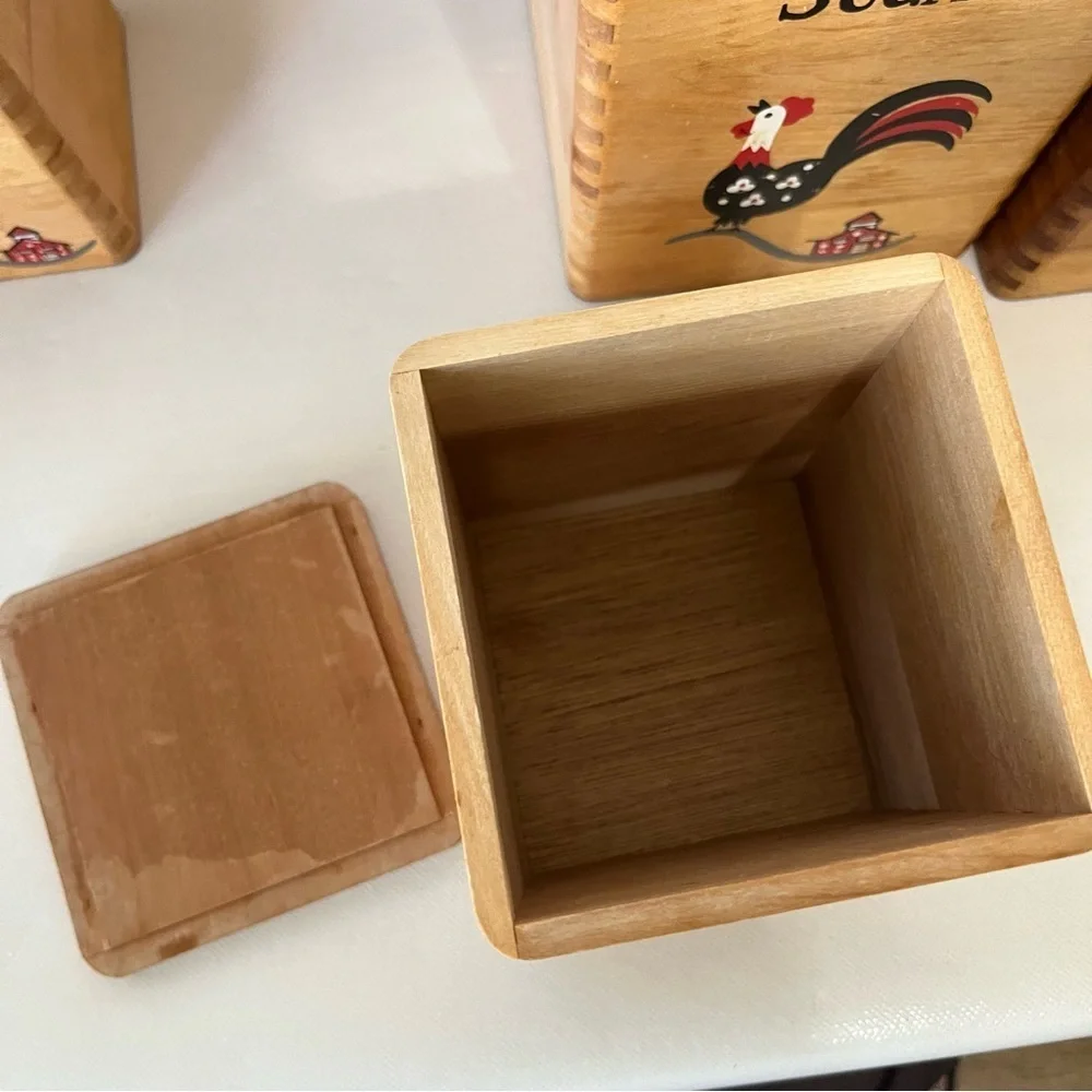 Vintage Wood Hand Painted Rooster Canister Set of 4
